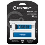 Kingston IronKey Keypad 200 de 32 Go, FIPS 140-3 niveau 3 (en attente), chiffrement AES-256, Clé USB FIPS 140-3 niveau 3 (en attente), chiffrement AES-256, 32 Go, USB Type-A, 3.2 Gen 1 (3.1 Gen 1), 145 Mo/s, Housse, Bleu