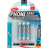 Ansmann 800 mAh DECT AAA Hybrides nickel-métal (NiMH), Batterie Argent, AAA, Hybrides nickel-métal (NiMH), 1,2 V, 800 mAh, 10,5 x 10,5 x 44,5 mm