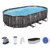 Bestway Power Steel 20' x 12' x 48"/6.10m x 3.66m x 1.22m Oval Pool Set, Piscine brun foncé/Bleu, 20241 L, Piscine hors sol, Adultes et enfants, Echelle, Bois, 89,4 kg
