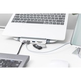 Digitus Support réglable pour ordinateur portable avec station d'accueil USB-C™, 8 ports Blanc/Argent, 8 ports, Avec fil, USB 3.2 Gen 1 (3.1 Gen 1) Type-C, 87 W, 10,100,1000 Mbit/s, Aluminium, MicroSD (TransFlash), SD, SDHC