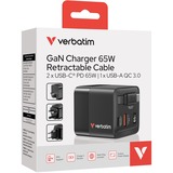 Verbatim GaN Charger 65W Universel Noir Secteur Charge rapide Intérieure Noir, 1x USB-C, 1x USB-A, Intérieure, Secteur, 20 V, 0,8 m, Noir