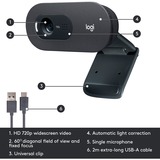 Logitech C505e webcam 1280 x 720 pixels USB Noir Noir, 1280 x 720 pixels, 30 ips, 1280x720@30fps, 720p, 60°, USB, En vrac