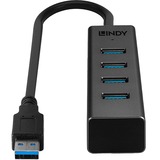 Lindy Hub USB 3.0 4 ports USB 3.2 Gen 1 (3.1 Gen 1) Type-A, USB 3.2 Gen 1 (3.1 Gen 1) Type-A, 5000 Mbit/s, Noir, Aluminium, Plastique, 0,3 m