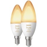 Philips Hue Flamme - Ampoule connectée E14 - (pack de 2), Lampe à LED Philips Hue White ambiance Flamme - Ampoule connectée E14 - (pack de 2), Ampoule intelligente, Blanc, Bluetooth/Zigbee, LED intégrée, E14, Lumière du jour froide, Blanc chaud