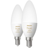 Philips Hue Flamme - Ampoule connectée E14 - (pack de 2), Lampe à LED Philips Hue White ambiance Flamme - Ampoule connectée E14 - (pack de 2), Ampoule intelligente, Blanc, Bluetooth/Zigbee, LED intégrée, E14, Lumière du jour froide, Blanc chaud