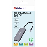 Verbatim CMH-05 USB Type-C 5000 Mbit/s Argent, Station d'accueil Gris, USB Type-C, HDMI, RJ-45, USB 3.2 Gen 1 (3.1 Gen 1) Type-C, USB Type-C, 5000 Mbit/s, 60 Hz, Argent, Acrylonitrile-Butadiène-Styrène (ABS), Aluminium