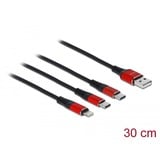 DeLOCK 3-en-1 USB-A > Lightning + 2x USB-C, Câble Noir/Rouge, 0,3 mètres