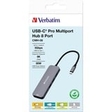 Verbatim CMH-08 USB Type-C 5000 Mbit/s Argent, Station d'accueil Gris, USB Type-C, HDMI, USB 3.2 Gen 1 (3.1 Gen 1) Type-A, USB Type-C, MicroSD (TransFlash), SD, 5000 Mbit/s, 30 Hz, Argent