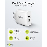 goobay 65W GaN USB-C PD Dual Fast Charger Blanc, 1x USB-C, 1x USB-A