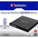 Verbatim Slimline CD/DVD lecteur de disques optiques DVD-RW Noir, Graveur DVD externe Noir, Noir, horizontale, Ordinateur portable, DVD-RW, USB 2.0, CD, CD-R, CD-RW, DVD, DVD+R, DVD+R DL, DVD+RW, DVD-R, DVD-R DL, DVD-RAM, DVD-ROM