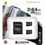 Kingston Canvas Select Plus microSD Card 64 GB 2-pack, Carte mémoire Noir, 2 pièces, SDCS2/64GB-2P1A, Class 10 UHS-I A1, Incl. Adaptateur