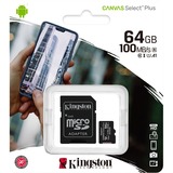 Kingston Canvas Select Plus microSD Card 64 Go, Carte mémoire Noir, SDCS2/64Go, Class 10 UHS-I A1, Incl. Adaptateur