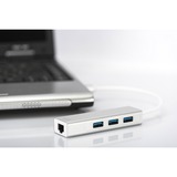 Digitus Hub USB 3.0 3 ports et adaptateur Gigabit LAN Blanc, USB 3.2 Gen 1 (3.1 Gen 1) Type-A, USB 3.2 Gen 1 (3.1 Gen 1) Type-A, 1000 Mbit/s, Argent, Blanc, Aluminium, 0,2 m