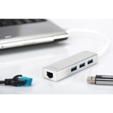 Digitus Hub USB 3.0 3 ports et adaptateur Gigabit LAN Blanc, USB 3.2 Gen 1 (3.1 Gen 1) Type-A, USB 3.2 Gen 1 (3.1 Gen 1) Type-A, 1000 Mbit/s, Argent, Blanc, Aluminium, 0,2 m