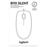 Logitech B110 Silent souris Ambidextre USB Type-A Optique 1000 DPI Noir, Ambidextre, Optique, USB Type-A, 1000 DPI, Noir
