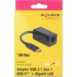 DeLOCK SuperSpeed USB-C (USB 3.1 Gen 1) mâle > Gigabit LAN 10/100/1000 Mbps compact, Adaptateur Noir, 0,135 mètre