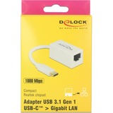 DeLOCK SuperSpeed USB-C (USB 3.1 Gen 1) male > Gigabit LAN 10/100/1000 Mbps compact, Adaptateur Blanc, 0,135 mètres