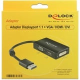 DeLOCK 0.16m DisplayPort/VGA+HDMI+DVI 0,16 m VGA (D-Sub)+ HDMI + DVI Noir, Adaptateur Noir, 0,16 m, DisplayPort, VGA (D-Sub)+ HDMI + DVI, Mâle, Femelle, 1920 x 1200 pixels