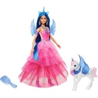 Barbie Poupée licorne avec cheveux bleus, robe rose et licorne