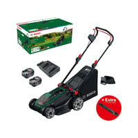 Bosch Tondeuse à batterie Rotak18V2-43, 36 volts (2x18V) + lame + bouchon de paillage, Tondeuse à gazon Vert/Noir