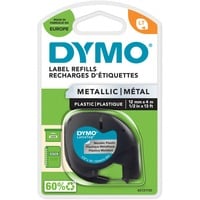 Dymo LetraTag Étiquettes Métallique Authentique | 12 mm x 4 m | Noir sur Argent | Étiquettes autocollantes pour étiqueteuse LetraTag, Ruban Noir sur fond métallique, Polyester, Belgique, DYMO, LetraTag 100T, LetraTag 100H, 1,2 cm