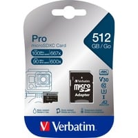 Verbatim 47046 mémoire flash 512 Go MicroSDXC UHS-I Classe 10, Carte mémoire Noir, 512 Go, MicroSDXC, Classe 10, UHS-I, 100 Mo/s, 90 Mo/s