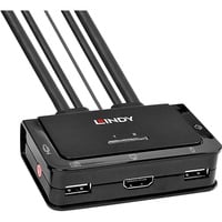 Lindy Switch KVM 2 ports HDMI 4K60, USB 2.0 & audio, câbles intégrés Noir, USB 2.0 & audio, câbles intégrés, 4096 x 2160 pixels, 4K Ultra HD, Grille de montage, Noir