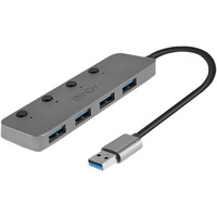 Lindy Hub USB 3.0, 4 Ports 4 Ports, USB 3.2 Gen 1 (3.1 Gen 1) Type-A, USB 3.2 Gen 1 (3.1 Gen 1) Type-A, 5 Mbit/s, Gris, Acrylonitrile-Butadiène-Styrène (ABS), Aluminium, Polycarbonate (PC), USB