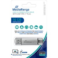 MediaRange MR935 lecteur USB flash 16 Go USB Type-A / USB Type-C 3.2 Gen 1 (3.1 Gen 1) Argent, Clé USB Argent/transparent, 16 Go, USB Type-A / USB Type-C, 3.2 Gen 1 (3.1 Gen 1), 70 Mo/s, Casquette, Argent