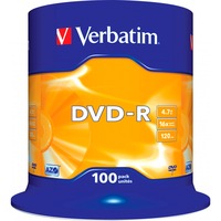 Verbatim DVD-R 4,7 Go, Support vierge DVD DVD-R, 120 mm, Fuseau, 100 pièce(s), 4,7 Go