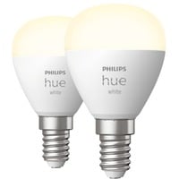 Philips Hue Pack de 2 sphérique E14, Lampe à LED Philips Hue White Pack de 2 sphérique E14, Ampoule intelligente, Blanc, Bluetooth/Zigbee, LED intégrée, E14, Lumière blanche douce