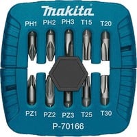 Makita P-70166 embout de tournevis 10 pièce(s), Set d'embouts de vissage 10 pièce(s), Phillips, Cruciforme, Torx, PH1, PH2, PH3, PZ1, PZ2, PZ3, T15, T20, T25, T30, 2,5 cm