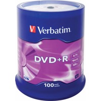 Verbatim DVD+R 4,7 Go, Support vierge DVD DVD+R, 120 mm, Fuseau, 100 pièce(s), 4,7 Go