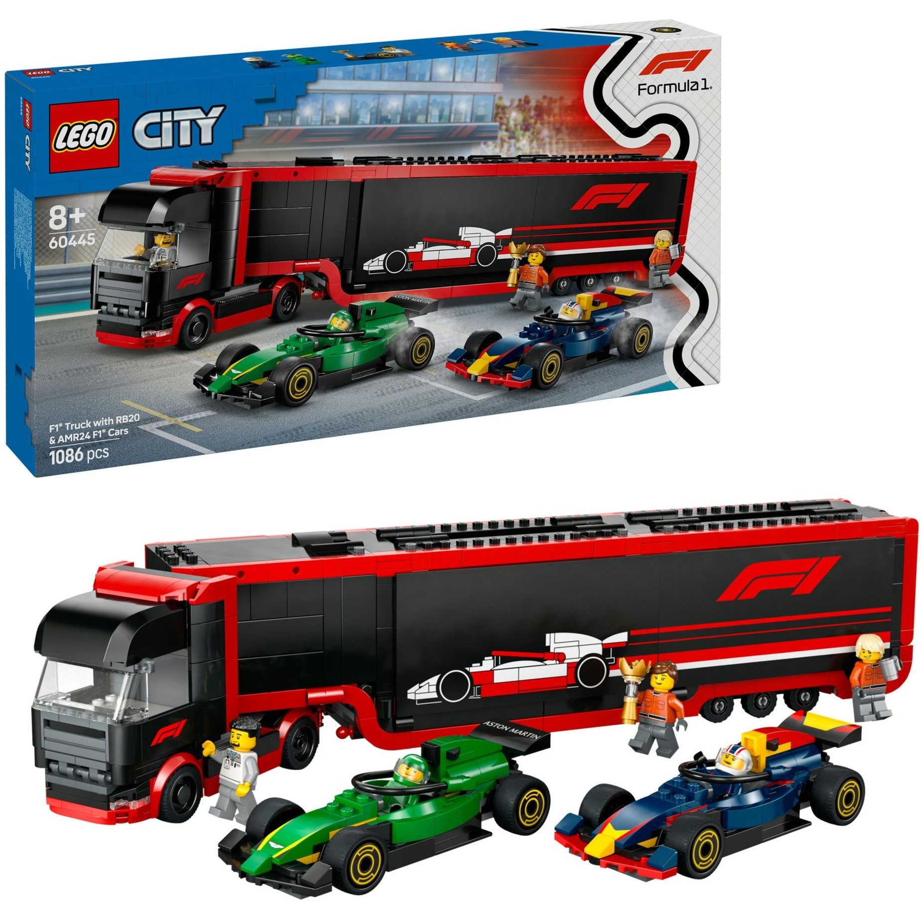 LEGO City Camion de F1 avec voitures de F1 RB20 et AMR24 - Transporteur pour véhicules Red Bull & Aston Martin avec 2 pilotes et un simulateur de course - Cadeau pour garçons et filles dès 8 ans 60445-image