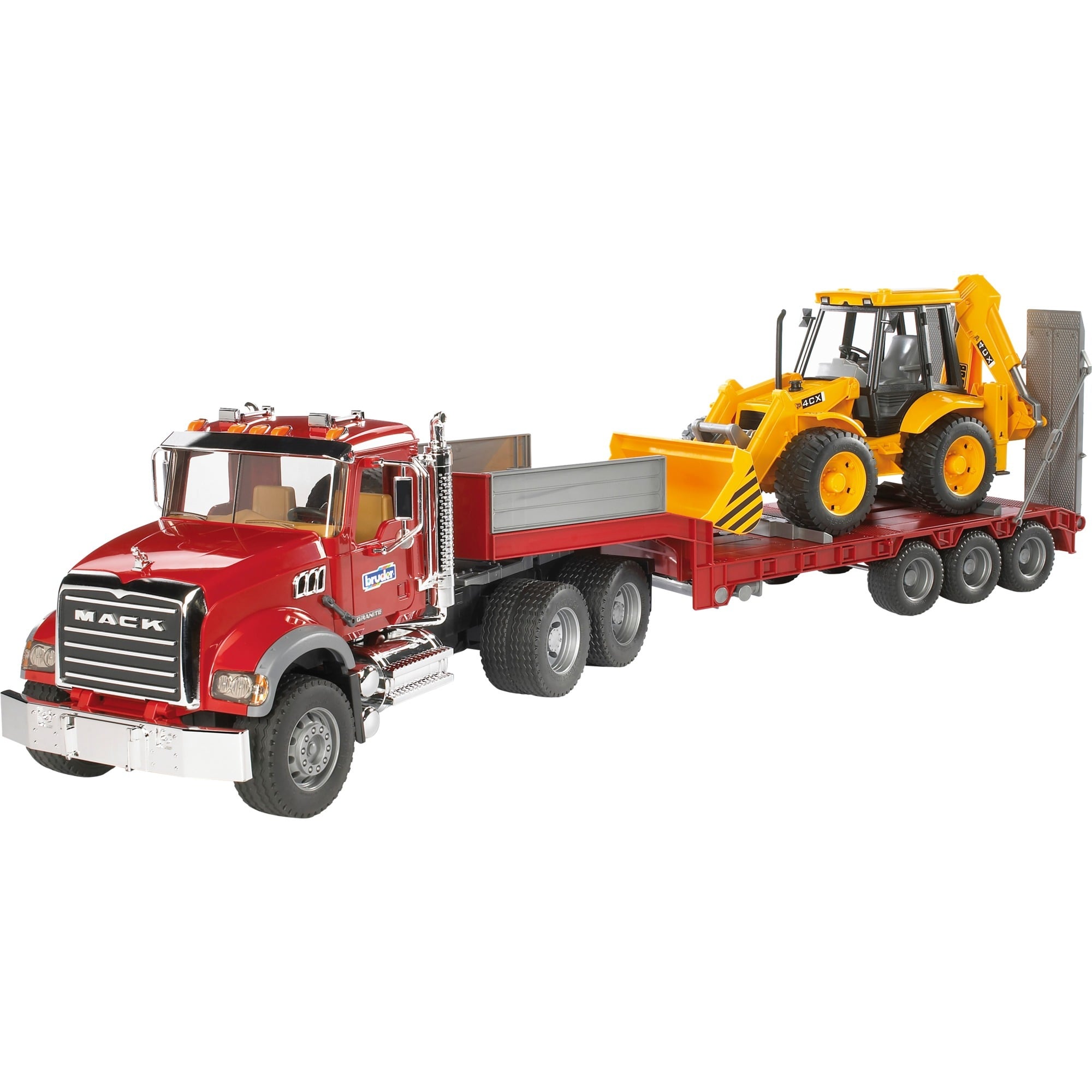Bruder MACK Granite Low loader truck with JCB 4CX Backho