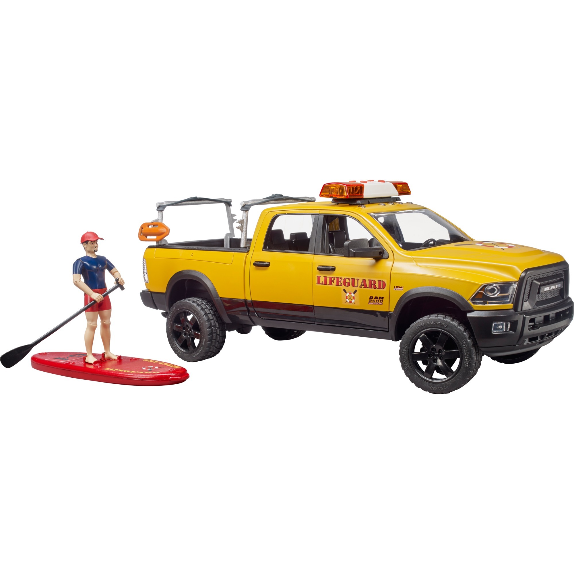 Power Wagon RAM 2500 pour maître-nageur avec figurine, Stand Up Paddle et module son et lumière, Modèle réduit de voiture