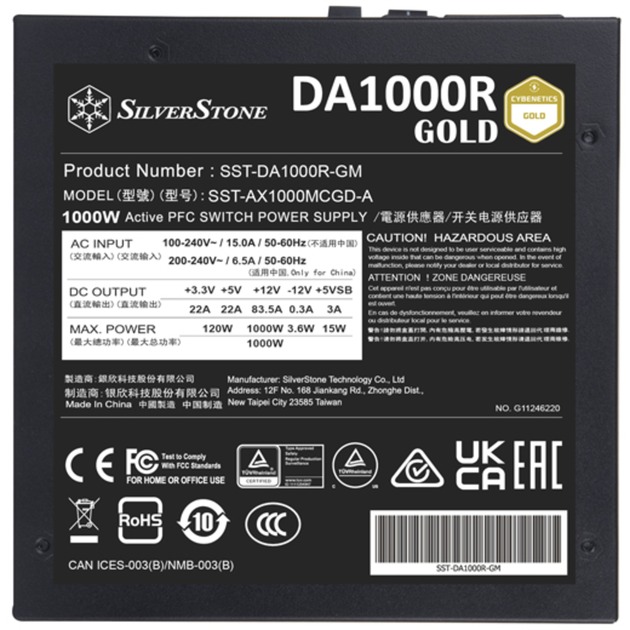 SilverStone SST-DA1000R-GM, 1000 Watt alimentation  Noir, 1x 12VHPWR, 7x PCIe, Gestion des câbles