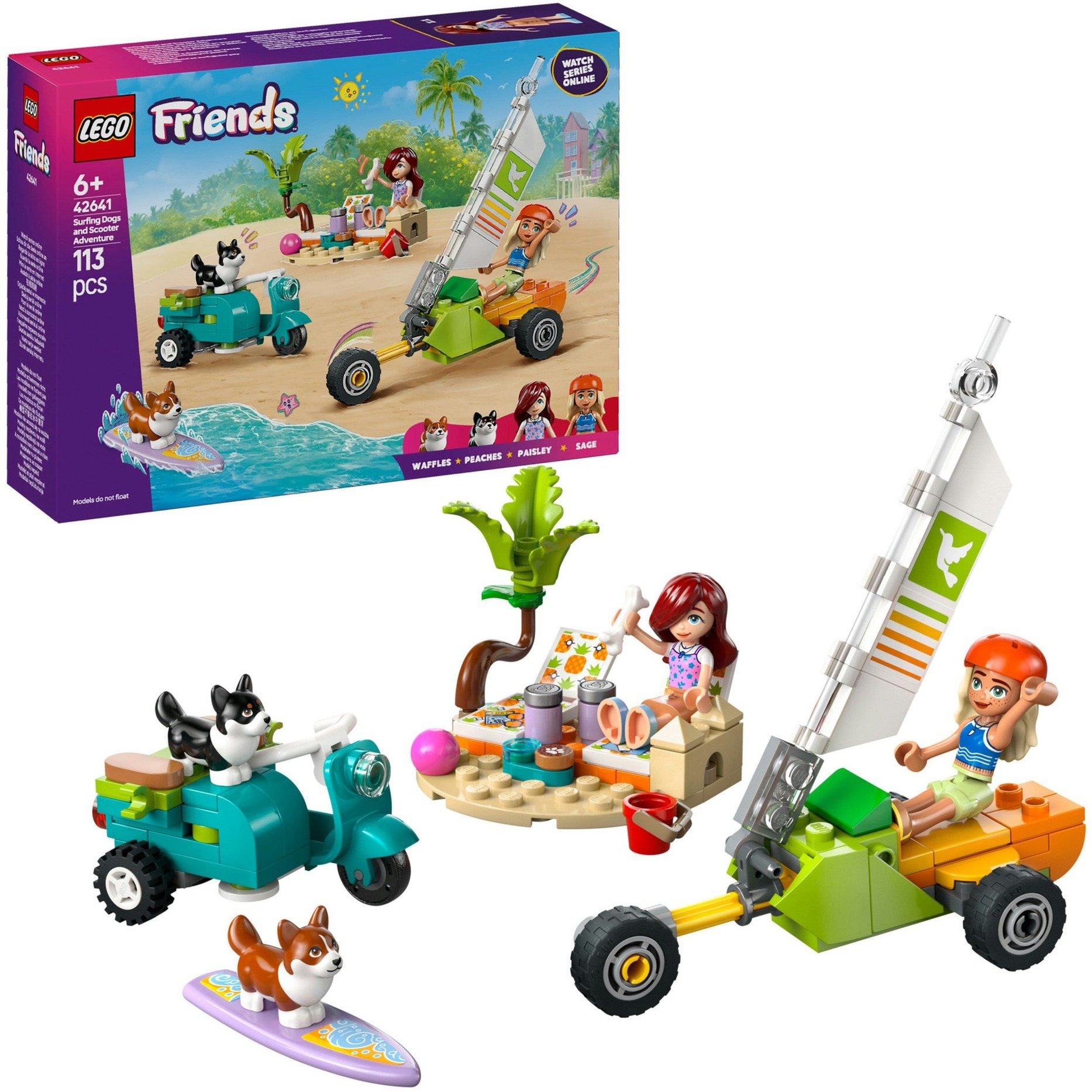 LEGO Friends Chiens surfeurs et Aventures en Scooter - Jeu de Construction pour Les Filles dès 6 Ans - Jouet interactif avec 2 Mini-poupées et 2 Corgis Miniatures 42641-image