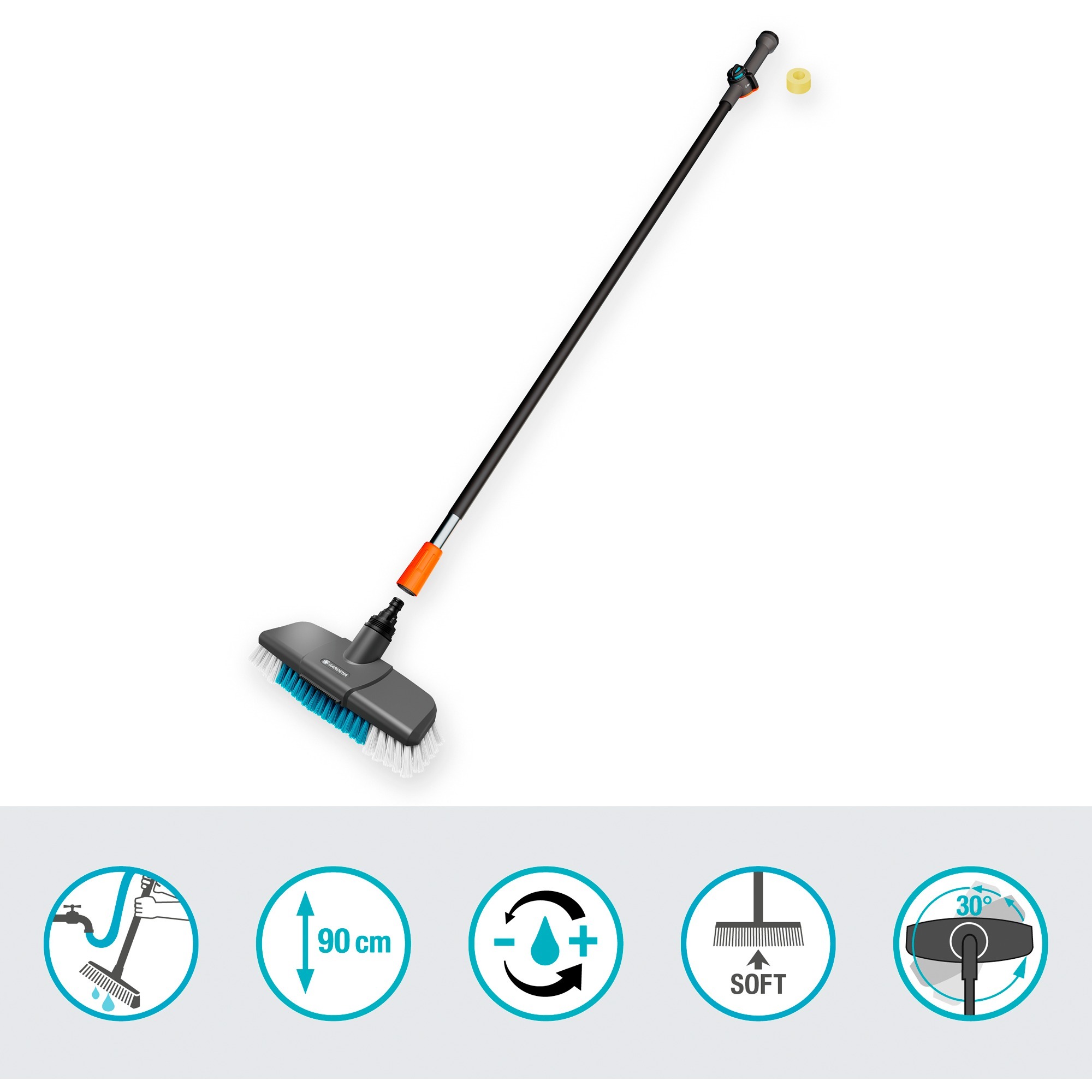 GARDENA Set de nettoyage Cleansystem avec poignée souple, poignée S, Brosses de lavage Gris/Turquoise, 18826-20