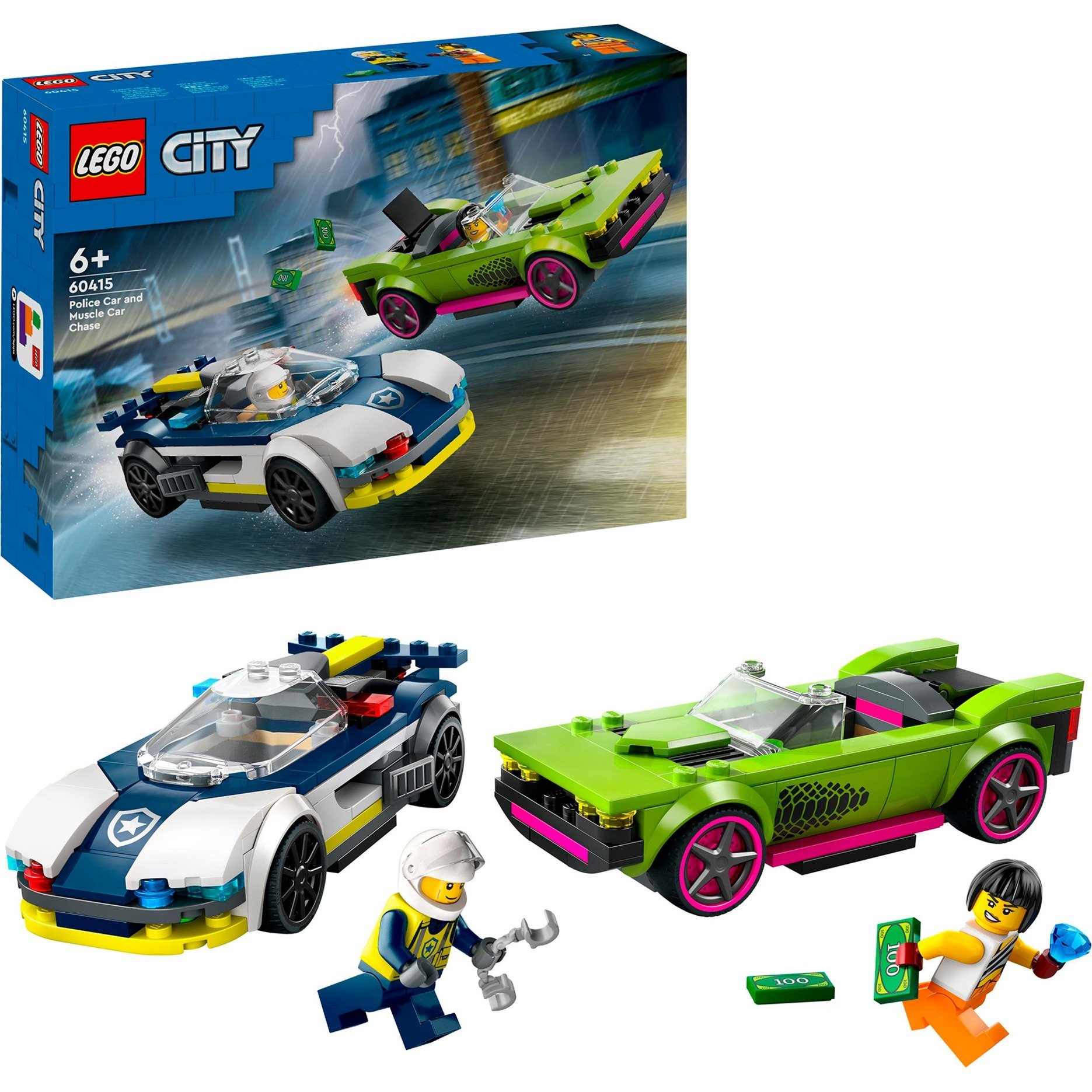 LEGO City La Course-Poursuite Entre la Voiture de Police et la Super Voiture, Jouet Imaginatif et de Rôles, Minifigurines d'Agent et Voleuse, Cadeau pour Garçons et Filles Dès 6 Ans 60415-image