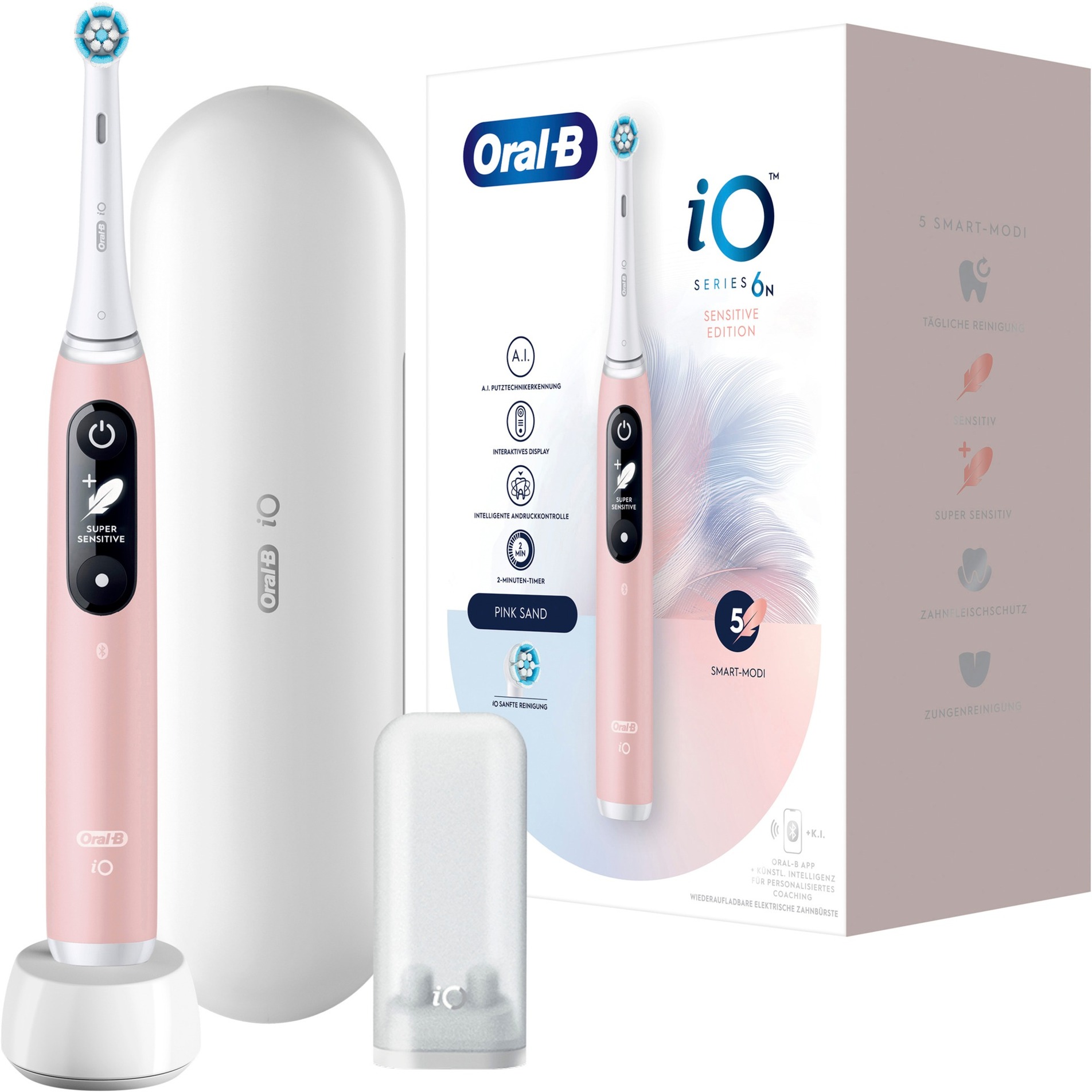 Oral-B Io 6 Sensitive Edition Brosse à Dents Electric Toothbrush, Technologie MagnéTique, 2 Brosses, 5 Modes De Brossage Pour Soins Dentaires, Affichage Et éTui De Voyage, ConçU Par Marron, Sable Rose-image