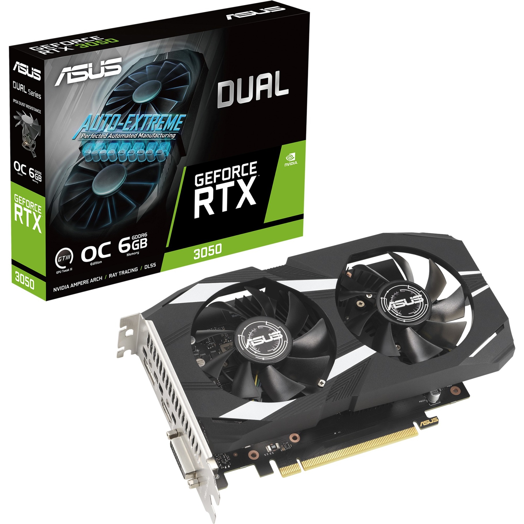 ASUS Dual GeForce RTX 3050 OC Edition Carte Graphique de Jeu 6 Go GDDR6 (Nvidia GeForce RTX3050 DLSS, PCIe 4.0, 1 x HDMI 2.1a, 1 x DisplayPort 1.4a, DUAL-RTX3050-O6G)-image