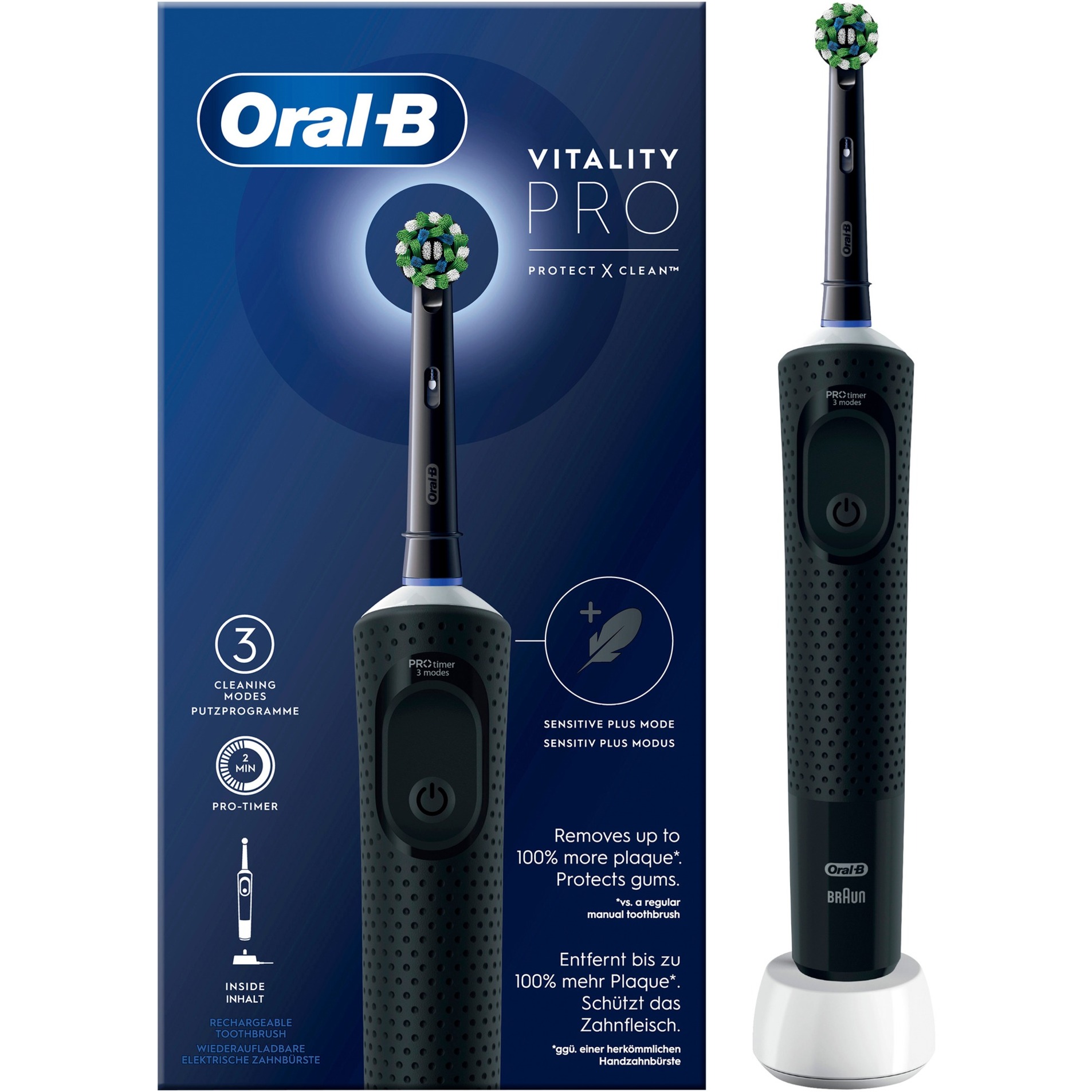 Oral-B Vitality Pro Brosse A Dents Electrique Noire, Pour Adultes, Modes De Nettoyage Avec Sensibilité Plus, 1 Brossette De Rechange, 1 Chargeur-image