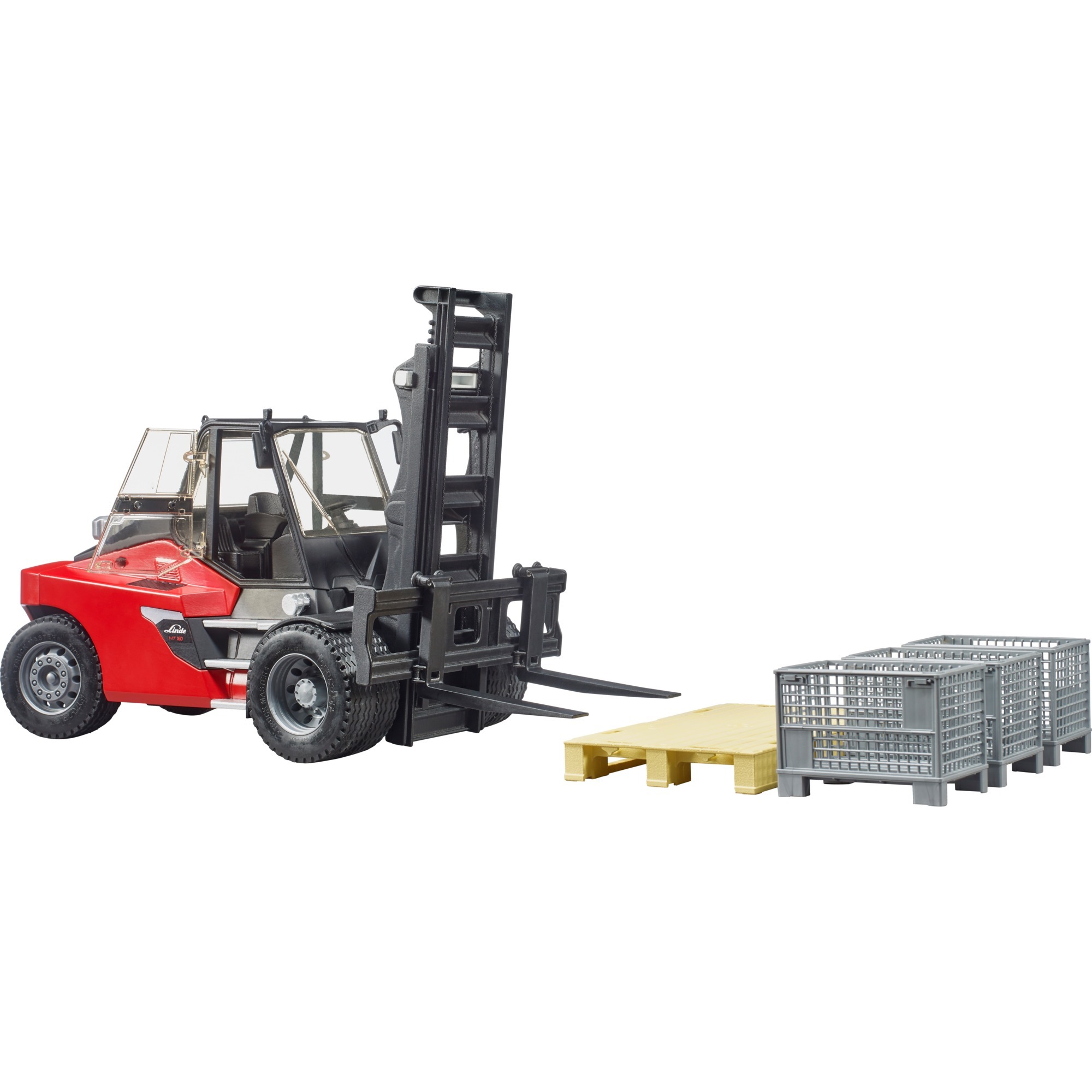 Bruder Linde HT160 Fork Lift with pallet and 3 pallet cages