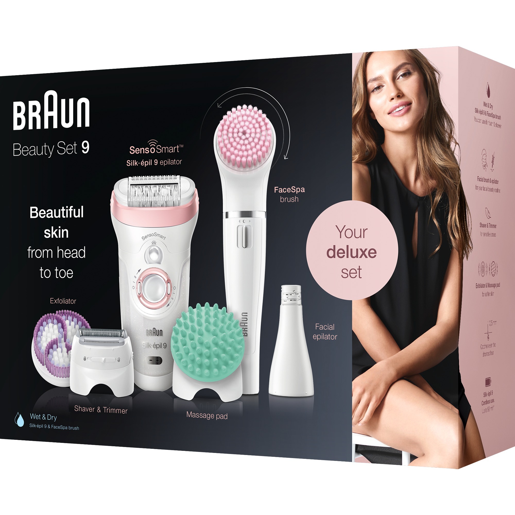 Braun Silk-épil 9 81683682 épilateur 40 pince(s) Blanc, Rose, Appareil à épiler Blanc/Or rose, Blanc, Rose, 40 pince(s), Exfoliation, LED, 1 SensoFoil, Batterie