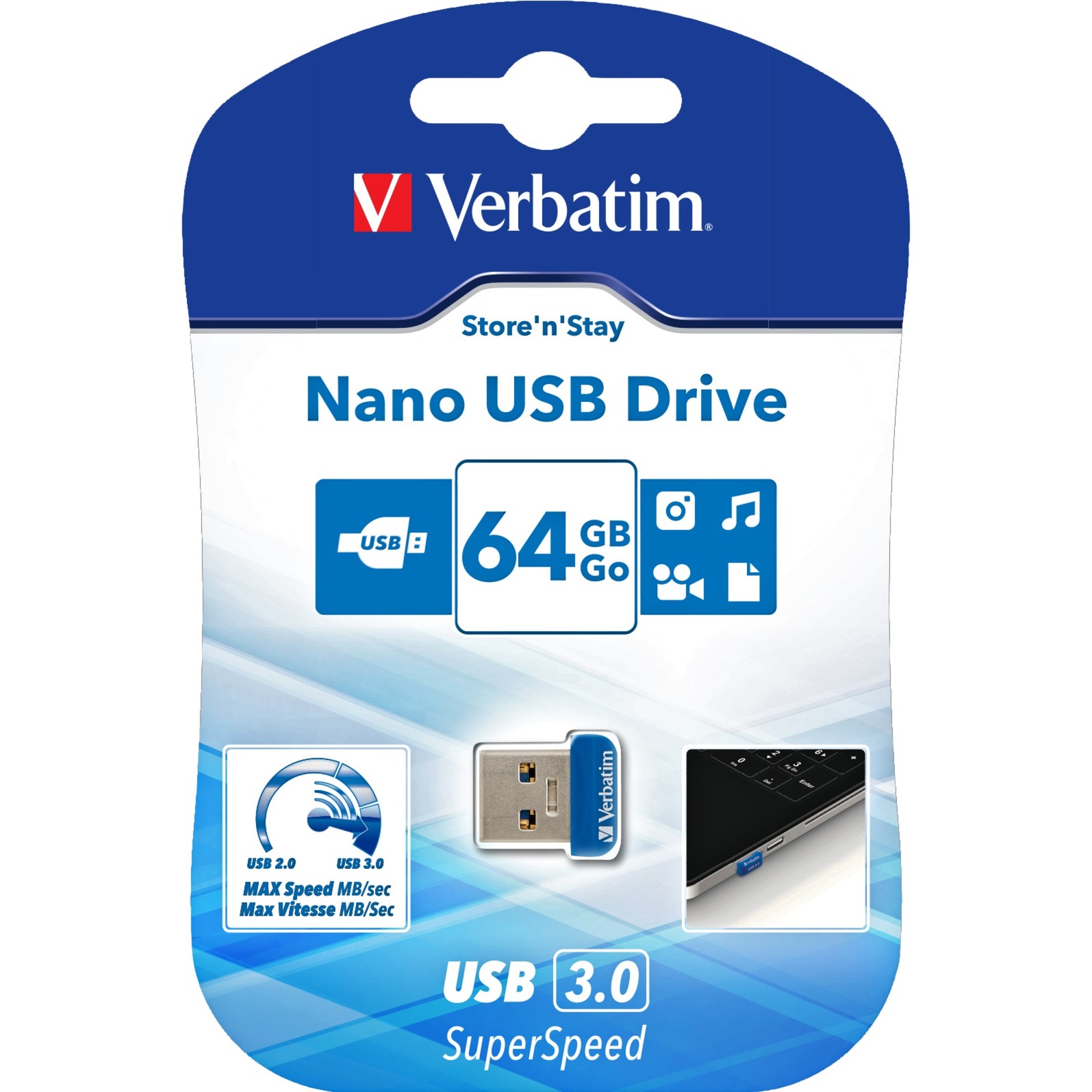 Verbatim Clé NANO USB 3.0 Store 'n' Stay 64 Go, Clé USB Bleu, 64 Go, USB Type-A, 3.2 Gen 1 (3.1 Gen 1), Casquette, 3 g, Bleu