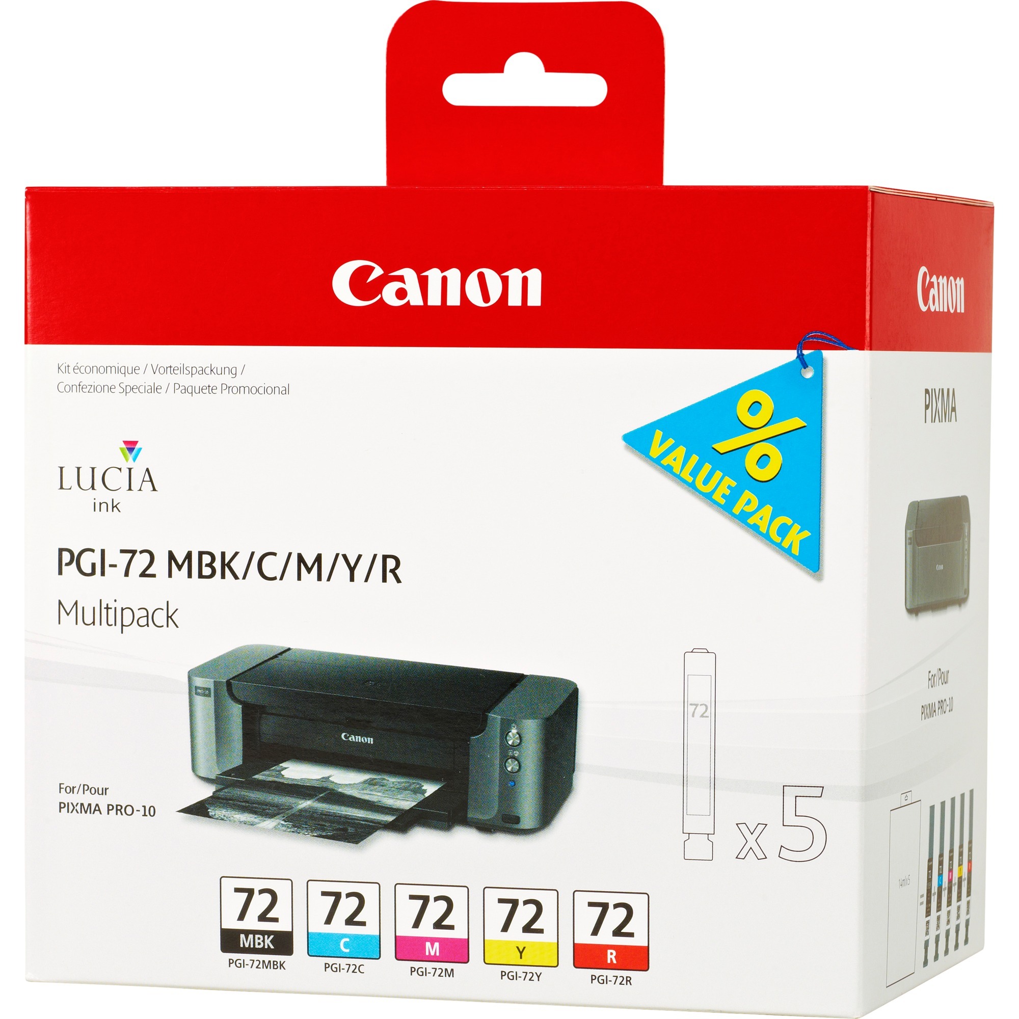 Canon Multipack de cartouches d'encre PGI-72 MBK/C/M/Y/R 5 Rendement standard, Cyan, Magenta, Noir mat, Rouge, Jaune, 5 pièce(s), 1640 pages, 710 pages, Multi pack